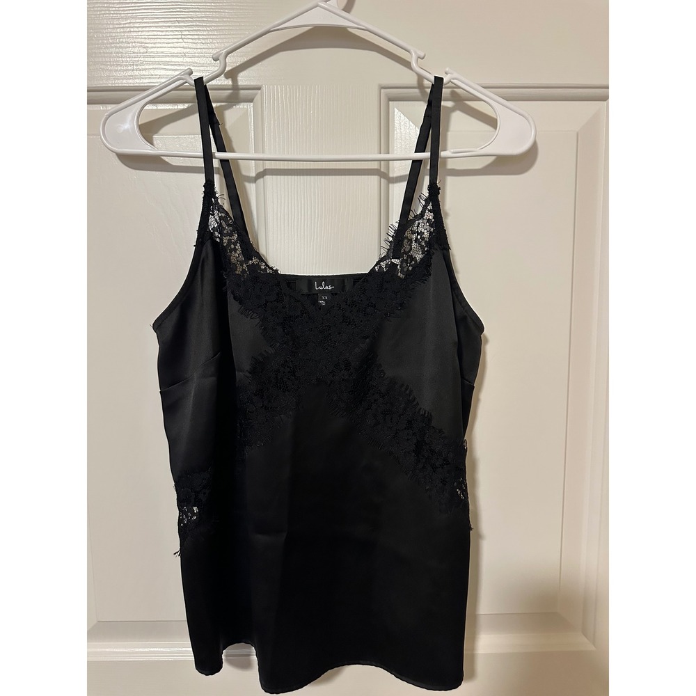 Lulus Cami Womens XS Black Satin Eyelash Lace Tank Top ET550518Z02 Adjustable